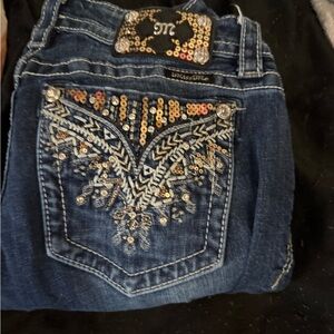 Miss Me Dark Blue Boot Cut Jeans with Gold and Silver Accents